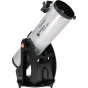 Celestron StarSense Explorer 10" Dobsonian telescope mounted on a black tripod base, featuring a silver tube with black accents, a red and white logo, and a smartphone dock for stargazing.