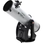Celestron StarSense Explorer 12" Dobsonian telescope mounted on a black tripod stand, featuring a smartphone dock, altitude adjustment knobs, and XLT-coated optics for detailed celestial views.