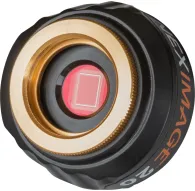 Celestron NexImage 20 Solar System Color Imager lens featuring a black body, gold-colored ring, and red sensor area with white square, ideal for astrophotography.Celestron NexImage 20 Solar System Color Imager lens featuring a black body, gold-colored ring, and red sensor area with white square, ideal for astrophotography.
