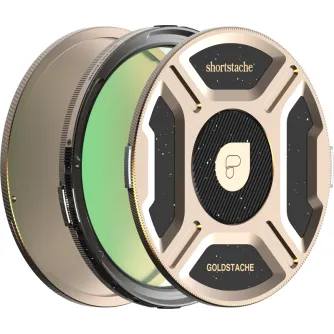 Набор фильтров PolarPro Goldstache Helix Maglock с тремя круглыми фильтрами, сложенными друг на друга, с золотой рамкой и черными акцентами, включая логотип 'shortstache', зеленый стеклянный элемент и брендинг 'GOLDSTACHE'.