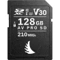 Tuvojums melnai Angelbird SD AV PRO SD MK2 R210/W75 (V30) 128GB pamatkartei ar uzrakstiem 'SD XC', 'V30', '128GB', 'AV PRO SD', '210 MB/s', slēdža ikonu un stilizētu logotipu, kas atgādina spalvu vai spārnu.