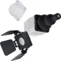 NANLUX Evoke 5C Lighting Modifier Kit featuring a white spherical diffuser, a silver rectangular modifier with a black lens attachment, and a black square diffuser with adjustable flaps for studio lighting control.