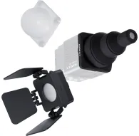 NANLUX Evoke 5C Lighting Modifier Kit featuring a white spherical diffuser, a silver rectangular modifier with a black lens attachment, and a black square diffuser with adjustable flaps for studio lighting control.NANLUX Evoke 5C Lighting Modifier Kit featuring a white spherical diffuser, a silver rectangular modifier with a black lens attachment, and a black square diffuser with adjustable flaps for studio lighting control.