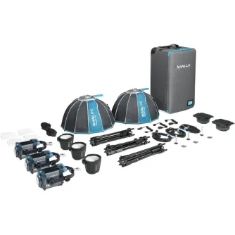 Nanlux Evoke 150C 3-Light RGB LED Kit with Trolley Case - professional lighting setup featuring RGB LED lights, softboxes, stands, and a trolley case