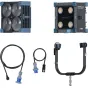 Два светильника NANLUX Evoke Matrix 2500C с переднего и бокового углов, демонстрирующие четыре светодиодных массива, решетки для охлаждения, порты управления и монтажные кронштейны. Сопровождающие кабели с синими разъемами и мот