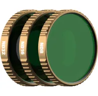 PolarPro Osmo Action 6 slēdža kolekcija - ND8, ND16, ND32 - Trīs apļveida filtri ar zelta rāmjiem un tumši zaļu nokrāsu, marķēti precīzai gaismas kontrolei.PolarPro Osmo Action 6 slēdža kolekcija - ND8, ND16, ND32 - Trīs apļveida filtri ar zelta rāmjiem un tumši zaļu nokrāsu, marķēti precīzai gaismas kontrolei.