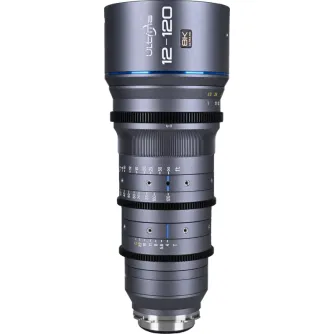 Laowa Ultima S35 Lite 12-120mm T4 zoom kino lēns ar Arri PL montāžu, priekšējais skats ar konstantu T4 apertūru, fokusa un apertūras gredzeniem, zilu akcenta līniju, 12-120mm skalu un 8K Ultra HD uzlīmi