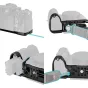 SmallRig 6705 Mount Plate for Sony Alpha 7R VI piestiprināta pie kameras pamata, parādot drošo 1/4"-20 skrūvju montāžu un aizsargpārsējus apakšā.