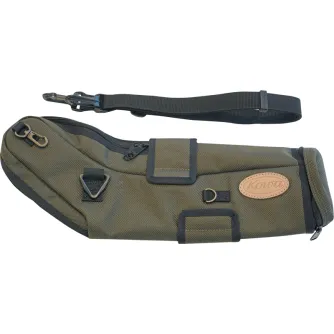 Kowa Stay On Case C-661 for TSN-661/663 spotting scopes with detachable black strap, closed olive green case featuring metal D-rings, zippered closure and leather Kowa logo patch
