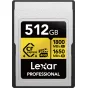 Lexar CFexpress 4.0 Pro Gold 512GB memory card with a textured silver body, featuring a black label with white and yellow text, indicating 1800MB/s read and 1650MB/s write speeds, IP68 ruggedness, and 8K RAW video support.