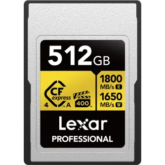 Lexar CFexpress 4.0 Pro Gold 512GB memory card with a textured silver body, featuring a black label with white and yellow text, indicating 1800MB/s read and 1650MB/s write speeds, IP68 ruggedness, and 8K RAW video support.