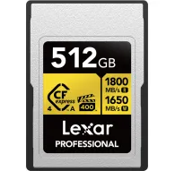Памятьная карта Lexar CFexpress 4.0 Pro Gold объемом 512 ГБ с текстурированным серебристым корпусом, черной этикеткой с белым и желтым текстом, указывающей на скорость чтения 1800 МБ/с и записи 1650 МБ/с, защитой IP68 и поддержкПамятьная карта Lexar CFexpress 4.0 Pro Gold объемом 512 ГБ с текстурированным серебристым корпусом, черной этикеткой с белым и желтым текстом, указывающей на скорость чтения 1800 МБ/с и записи 1650 МБ/с, защитой IP68 и поддержк