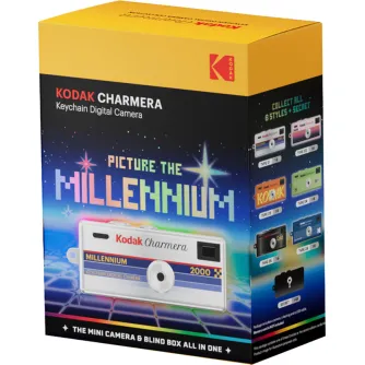 Kodak Charmera Millennium sleisējas digitālā kamera kolekcionējamā blind box iepakojumā ar retro-futūristisku dizainu un pikseļu filtriem