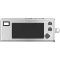 KODAK Charmera Millennium Keychain Digital Camera - kompakts sudraba metāla dizains ar melnu ekrānu, pelēkiem taustiņiem, mazu skatu meklētāju un atslēgu piekari.