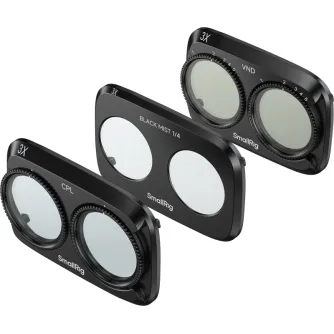 Набор фильтров SmallRig 6649 для DJI Osmo Pocket 4P включает регулируемый ND-фильтр VND1-5, 1/4 черный диффузионный фильтр и CPL поляризационный фильтр, все в черных металлических корпусах с логотипом SmallRig и оптическим стекл