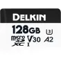 Delkin 128GB microSDXC Trail Cam Hyperspeed R195/W160 V30 memory card with U3 speed class, designed for action cameras and drones.