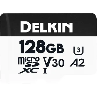 Delkin 128GB microSDXC Trail Cam Hyperspeed R195/W160 V30 memory card with U3 speed class, designed for action cameras and drones.