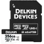 Delkin microSDXC Trail Cam Hyperspeed R195/W160 (V30) 256GB memory card with SD adapter, featuring waterproof and shockproof design, UHS-I U3/V30 performance, and lifetime warranty.
