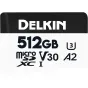 Delkin 512GB microSDXC Trail Cam Hyperspeed R195/W160 (V30) memory card with U3, V30, and A2 ratings for high-speed 4K video capture