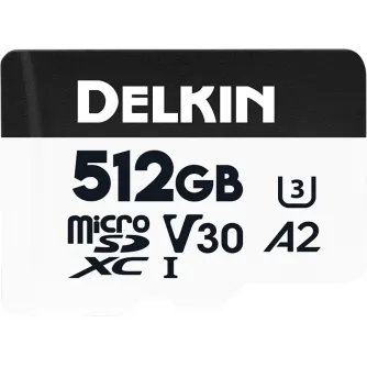 Delkin 512GB microSDXC Trail Cam Hyperspeed R195/W160 (V30) memory card with U3, V30, and A2 ratings for high-speed 4K video capture