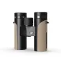 Compact 8x32 ED binoculars in black and tan, featuring a central focusing wheel, logo on the hinge, and textured grips, with capped eyepieces and objective lenses.