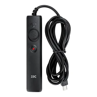 JJC SR F2SE кабельный переключатель для камер Sony с витым кабелем, USB-разъемом и красным светодиодным индикатором. Имеет круглую кнопку с надписью 'LOCK' и меньшую красную кнопку. Кабель аккуратно собран с помощью завязки.