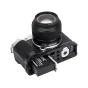 JJC HG XM5 Black Camera Hand Grip for Fuji X M5 with Fujifilm NP-W126S battery installed, showcasing aluminum alloy construction, silicone grip, and Arca Swiss quick-release plate.