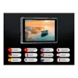 Feelworld FW759 PRO 7" HDMI Монитор с компактным дизайном, демонстрирующий спокойную сцену заката с маленькой лодкой на спокойной воде, с HDMI портами и кнопками управления слева.