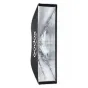 Godox UL BOX 30x120 foldable strip softbox with black exterior, silver reflective interior and Bowens mount, displaying its internal frame and honeycomb grid.