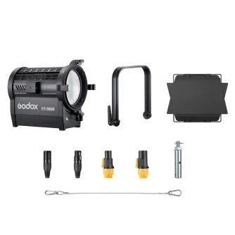 Godox F7 300R Full Color LED Fresnel Light with barn doors, U-bracket, and connectors for studio lighting setups
