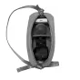 URTH Dolomite 5.1L stone camera sling bag open, showing a camera, 50mm lens, Leica lens cap, and smartphone inside, with adjustable dividers and YKK zippers