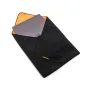3 Legged Thing Magic Wrap Cloth XL 24x24 Black/Copper case with orange interior, partially open showing a gray laptop, highlighting nano-tech adhesive fabric protection.
