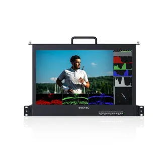 Feelworld SEETEC FRM173S 17.3 Pull Out 1RU Rackmount Monitor displaying a man running outdoors with technical overlays including waveform, vectorscope, and histogram.
