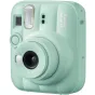 FUJIFILM INSTAX MINI 13 instant camera in Lagoon Green with visible lens, flash unit, and optical viewfinder, showcasing rounded edges and textured surface.