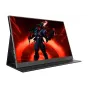 Uperfect UGame C2 16-inch portable monitor with 2560×1600 IPS display, 120Hz refresh rate, aluminum frame, and carbon-fiber case, featuring a dark armored character on screen against a red background.