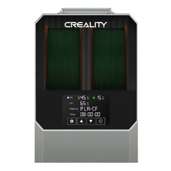 Creality Space Pi Plus filament dryer front view with a 4-inch touchscreen, temperature display, and dual-roll capacity.