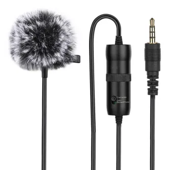 PULUZ PU427 omnidirectional clip microphone with fur windshield, 3.5mm jack, and 6m cable for vlogging and interviews