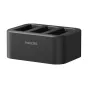 Insta360 Fast Charge Hub battery charger with three USB-C slots, side view showing the Insta360 logo and green LED indicators, compact black design for simultaneous charging of Ace Pro 2, Ace Pro and Ace batteries