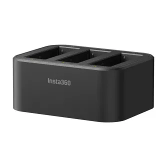 Insta360 Fast Charge Hub battery charger with three USB-C slots, side view showing the Insta360 logo and green LED indicators, compact black design for simultaneous charging of Ace Pro 2, Ace Pro and Ace batteries