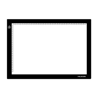 Huion L4S apgaismots LED zīmēšanas dēlis, priekšējais skats ar melnu rāmi, balta apgaismota A4 virsma, lineāla atzīmes augšējā un kreisajā malā, barošanas pogas ikona augšējā kreisajā stūrī, HUION logotips apakšējā labajā stūrī