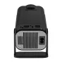 Rear view of the Magcubic HY320MINI portable projector showing HDMI, USB, and audio ports, ventilation grille, and a 180° swivel stand.