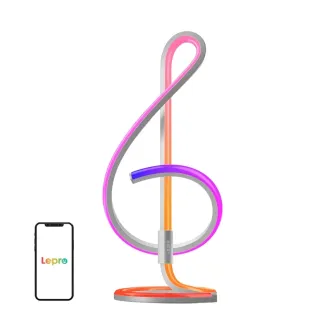 Mūsdienīgs LED biroja lampa ar mirdzošu mūzikas nots formas gaismu rozā, purpura un oranžās krāsās, uzstādīta uz sarkanas apaļas pamatnes ar metāla kātu. Blakus ir viedtālrunis, kas rāda Lepro lietotni un lampas saskarni.