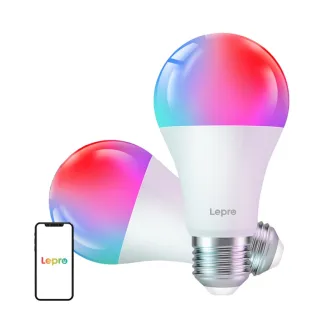 Divi LEPRO B2-2 E27 Wi-Fi LED pēdēri ar krāsainiem gradienta efektiem, viens vertikāli un otrs horizontāli, ar metāla pamatni un gradientu no zila uz sarkanu un purpura. Blakus tiem ir viedtālrunis ar Lepro lietotnes logotipu.