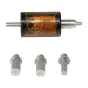 MAKERA Carvera Wireless Probe with transparent casing revealing internal circuitry, silver shaft, and interchangeable tips, along with three cylindrical mandrels with threaded ends for precision machining.