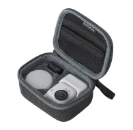 Sunnylife Mini Case for Insta360 GO Ultra with a white camera, black lens, gray circular accessory, and black magnetic clip in custom foam compartmentsSunnylife Mini Case for Insta360 GO Ultra with a white camera, black lens, gray circular accessory, and black magnetic clip in custom foam compartments