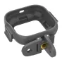 Sunnylife Mounting Frame Adapter for Insta360 GO Ultra featuring a dark gray rectangular design with rounded edges, central screw hole, golden threaded insert, hinged arms, safety latch, and recessed slots for secure attachment.