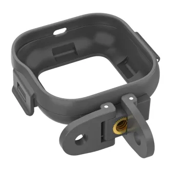 Sunnylife Mounting Frame Adapter for Insta360 GO Ultra featuring a dark gray rectangular design with rounded edges, central screw hole, golden threaded insert, hinged arms, safety latch, and recessed slots for secure attachment.