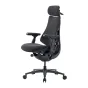 LiberNovo Omni Pro ergonomisks krēsls ar augstu atzveltni, galvas balstu un roku balstiem, ar elegantu dizainu, izliekto atzveltni un nedaudz uz priekšu slīpu sēdekli, balstīts uz piecu punktu zvaigžņu pamatnes ar ritenīšiem un 