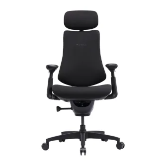 LiberNovo Omni SE melns ergonomisks biroja krēsls ar regulējamu jostas atbalstu, 5 fiksējamām noliekšanas pozīcijām, daudzzonu sēdekli un regulējamiem roku balstiem uz piecu zvaigžņu ritenīšu bāzes.