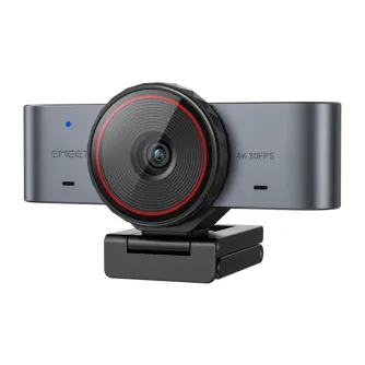 Emeet SmartCam C960 Ultra webkamera, kas uzstādīta uz regulējama statīva, ar apaļu objektīvu ar sarkanu gredzenu, zilu indikatora gaismu un tekstu '4K 30FPS', viss eleganta alumīnija korpusā uz vienkārša balta fona.